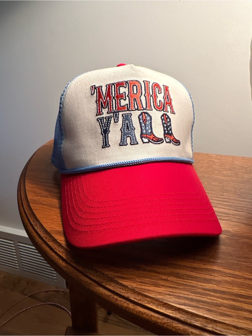Embroidered Mercia y'all cowboy boots trucker hat one size nwot